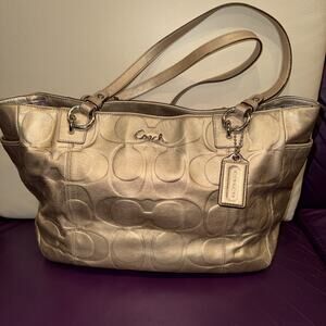 Coach East West Gallery tote bag in metallic gold embossed signature leather